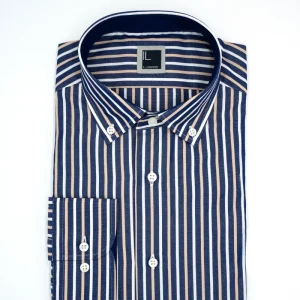 Camicia Slim Fit a Righe Button Down - RIGATO BLU/BEIGE