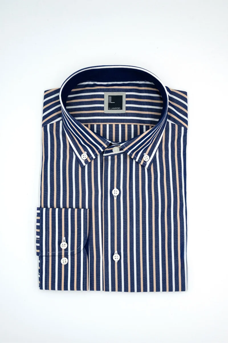 Camicia Slim Fit a Righe Button Down - RIGATO BLU/BEIGE - immagine 2