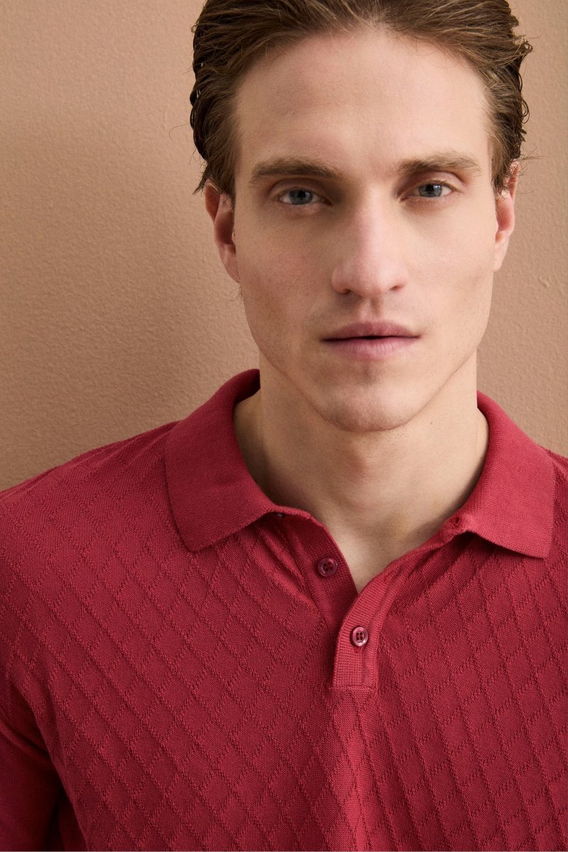 Polo Mezza Manica a Rombi in Cotone Crêpe - GERANIO - immagine 3