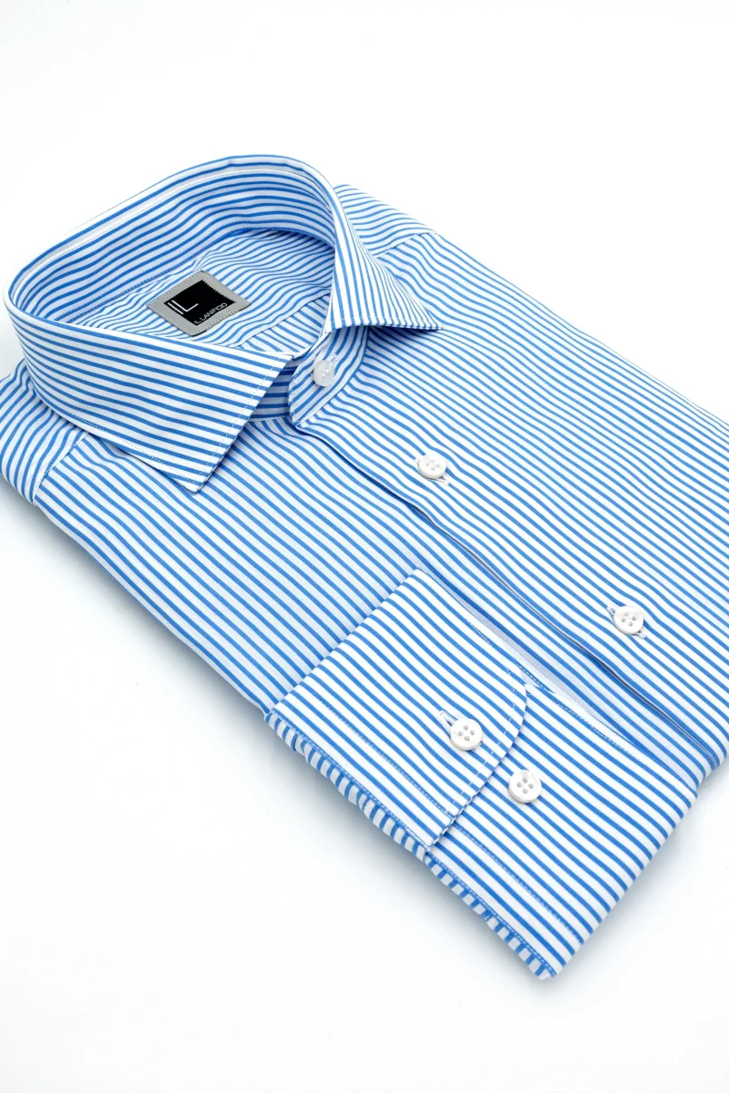 Camicia Slim Fit a Righe con Collo Francese - AZZURRO RIGATO - immagine 3