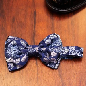 Papillon in seta jaquard fantasia a fiori blu e grigio