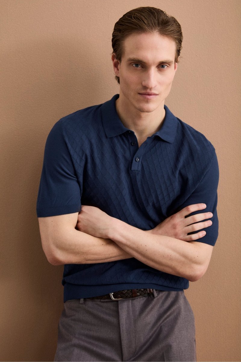 Polo Mezza Manica a Rombi in Cotone Crêpe - BLU CHIARO - immagine 3