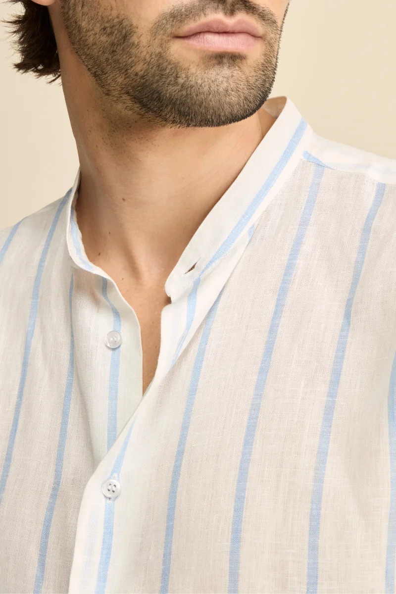 Camicia Lino Coreana Custom Fit - RIGATO BIANCO/AZZURRO - immagine 3