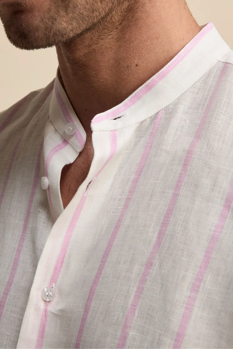 Camicia Lino Coreana Custom Fit - RIGATO BIANCO/ROSA - immagine 4