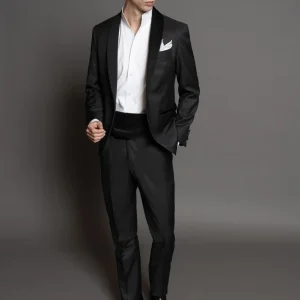 Smoking tessuto 130’s color antracite rever a scialle in raso di seta nero