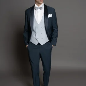 Smoking tessuto lana super fine e mohair color blu petrolio, rever a scialle in raso blu notte.