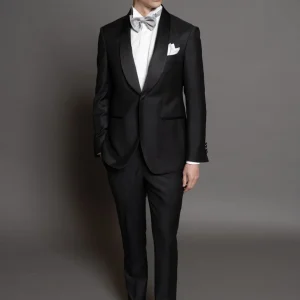 Smoking collo a scialle stile Newyorkese in raso midnight blu, tessuto lana super fine nero micro fantasia