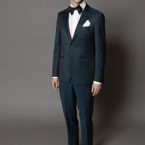 Abito classico con rever a lancia e 2 bottoni in madreperla, tessuto lana super fine micro fantasia blu petrolio