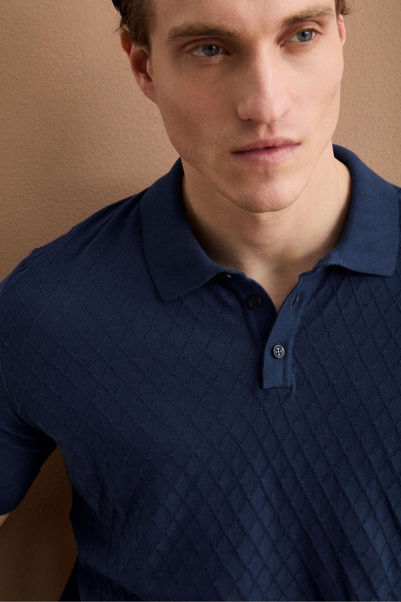 Polo Mezza Manica a Rombi in Cotone Crêpe - BLU CHIARO - immagine 4