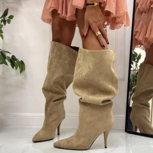 Magda - Stivale Donna Alto Tacco Punta Casual Elegante Beige