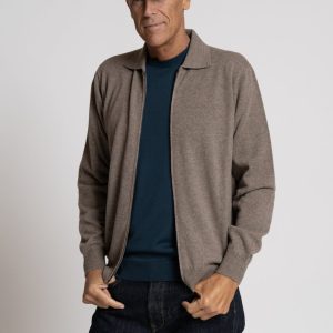 Cardigan in Misto Cashmere con Zip frontale, Beige Scuro Melange