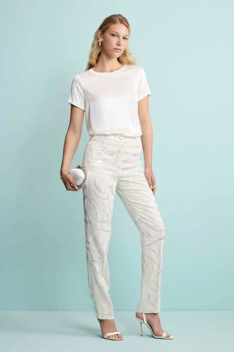 Pantalone a Sigaretta Damascato in Misto Lino - ECRU - immagine 6