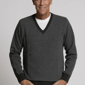 Maglia Scollo a V in Lana Merino Micrografica Geometrica, Marrone e Taupe