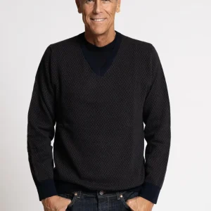 Maglia Scollo a V in Lana Merino Micrografica Geometrica, Navy e Marrone