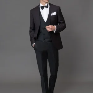 Spencer in lana finissima damascato bordeaux, pantalone in lana finissima con cintura in raso di seta nero