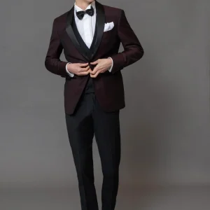 Smoking rever a scialle in sablè di lana finissima Bordeaux, pantalone in lana finissima nero