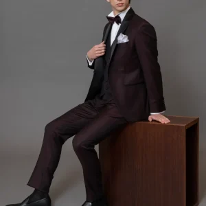 Smoking rever a scialle in sablè di lana finissima Bordeaux, pantalone in lana finissima