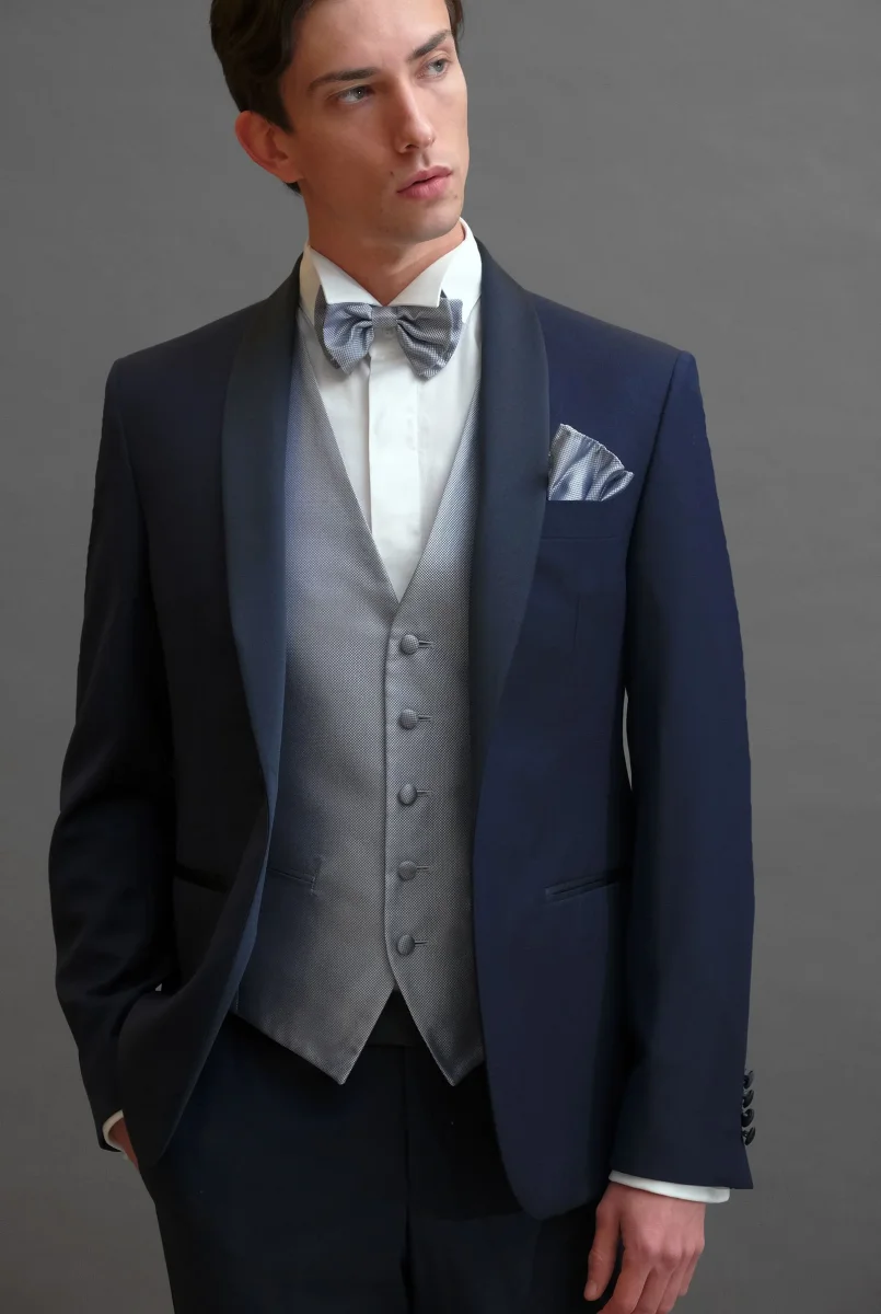 Papillon seta jacquard piquet perla e blu - immagine 3