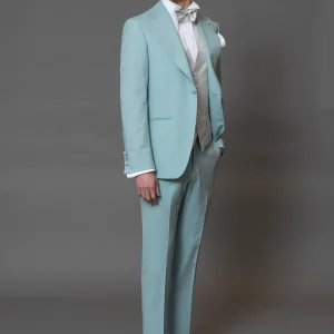 Abito cerimonia un bottone, rever a lancia in lana finissima verde acqua, pantalone con fibbia di regolazione laterale