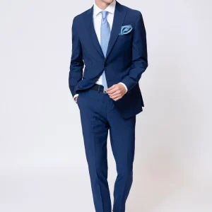 Abito monopetto in lana super fine, rever a lancia Blu Royal