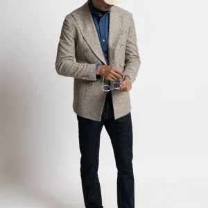 Blazer Doppiopetto Sei Bottoni in Jersey di Lana Micro-Effetto Beige