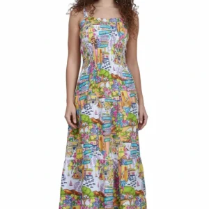 Abito Positano Lungo in Puro Lino Balzato con Stampa Costiera