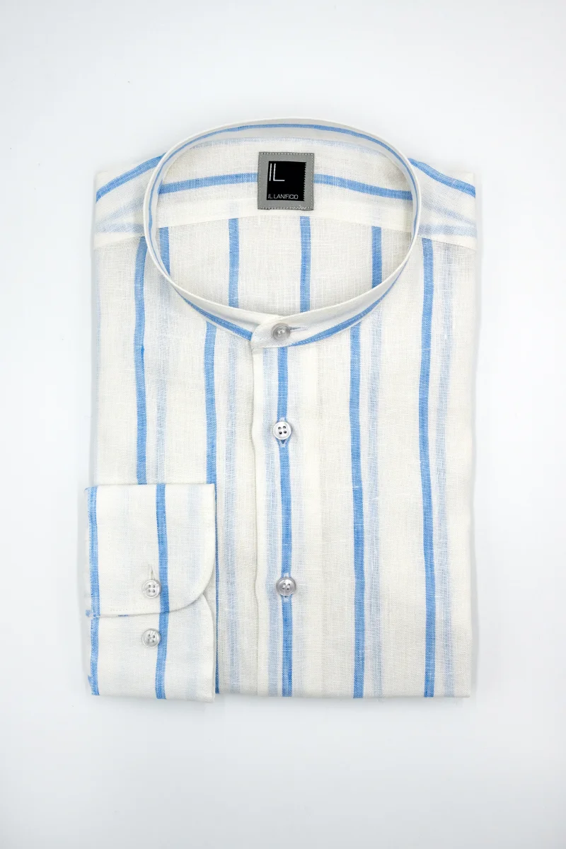 Camicia Lino Coreana Custom Fit - RIGATO BIANCO/AZZURRO - immagine 4