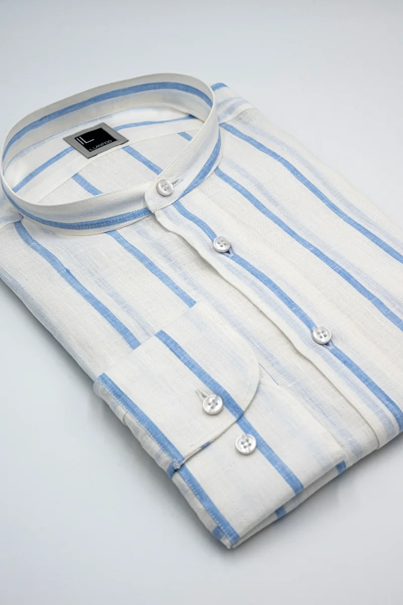 Camicia Lino Coreana Custom Fit - RIGATO BIANCO/AZZURRO - immagine 5