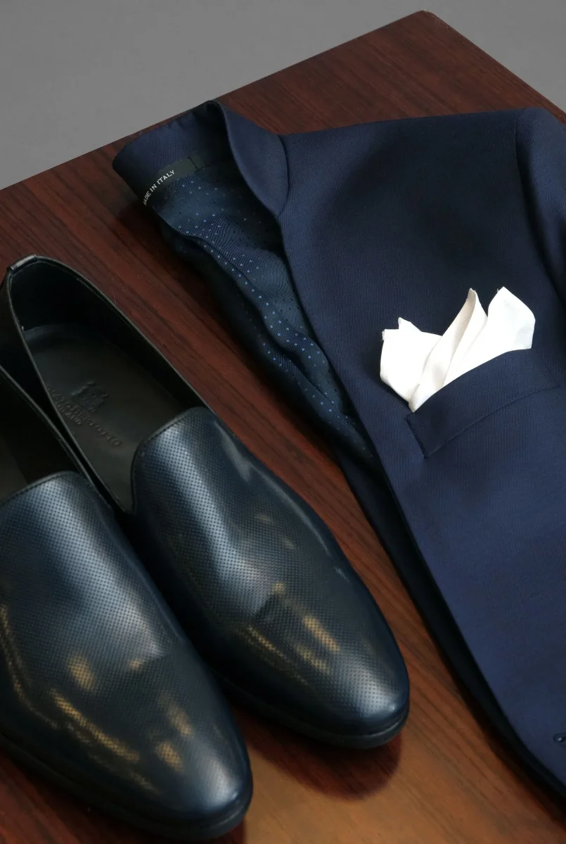 Spencer collo alla coreana in sablè di lana blu - immagine 6