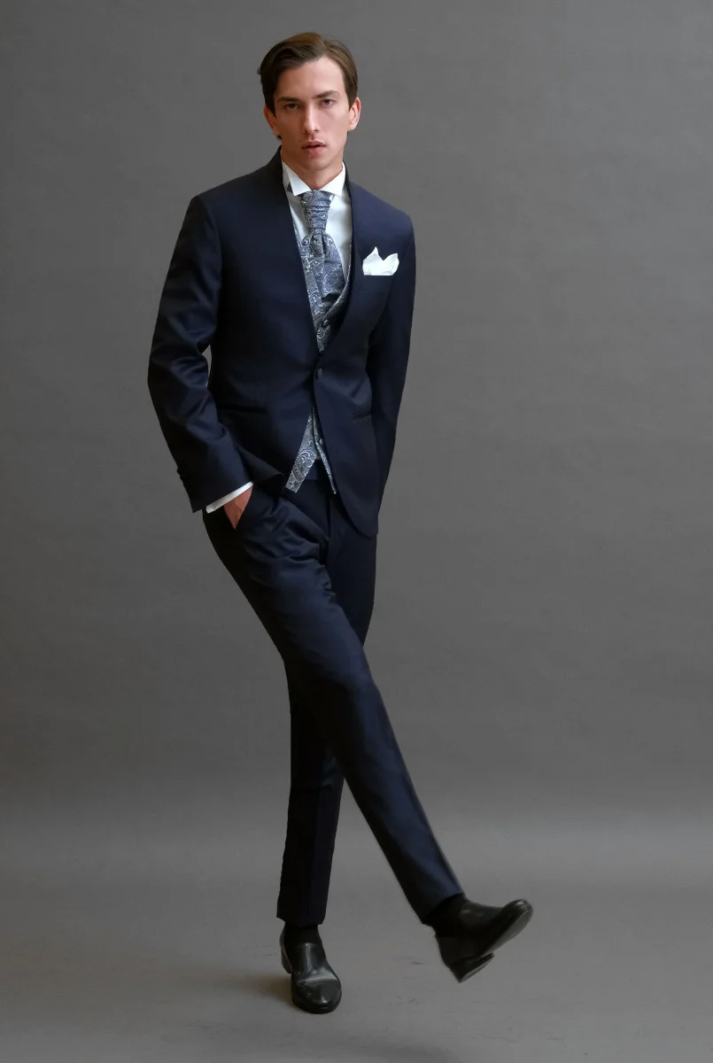 Spencer collo alla coreana in sablè di lana blu - immagine 3