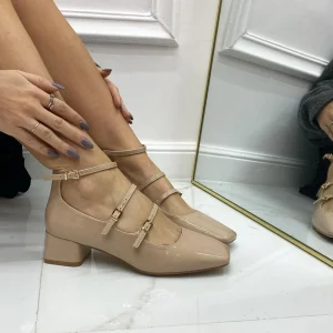 Delia - Décolleté Donna Punta Tacco Basso Quadrato Lucido Nude