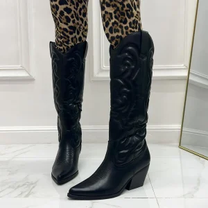 Kassy -  Stivale Donna Texano Alto Tacco Punta Casual Nero