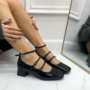 Delia - Décolleté Donna Punta Tacco Basso Quadrato Lucido Nero