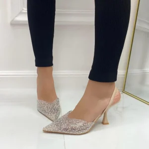 Zara - Décolleté Donna Punta Dettagli Strass Tacco Elegante Trasparente Beige