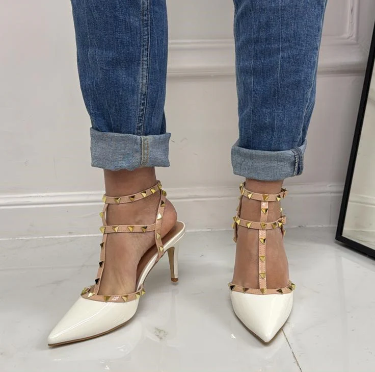 Rosalia - Décolleté Donna Cinturino Tacco Spillo Basso Borchie Elegante Vernice Bianco - immagine 3