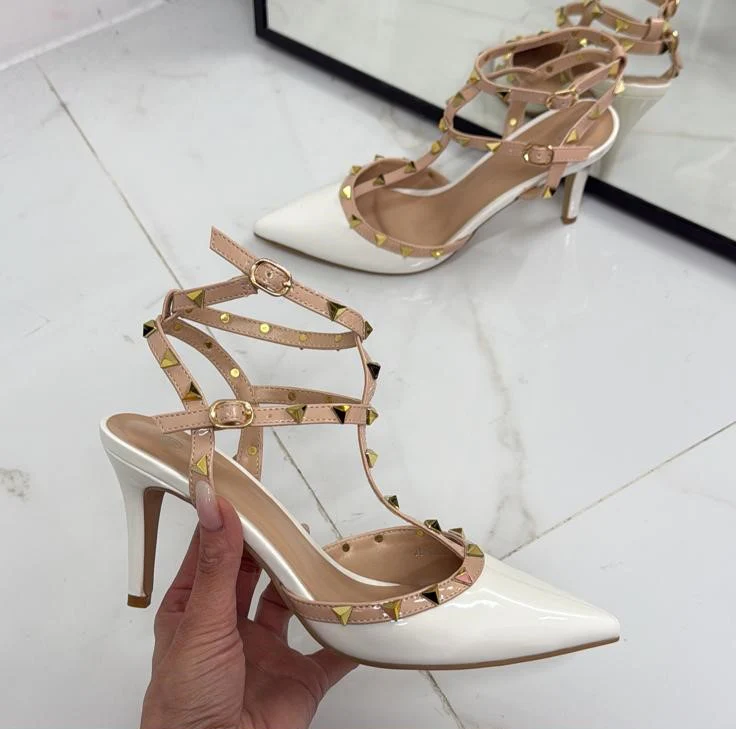 Rosalia - Décolleté Donna Cinturino Tacco Spillo Basso Borchie Elegante Vernice Bianco - immagine 6