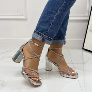 Cassandra - Sandalo Donna Scarpa Tacco Punta Quadrata Incroci Argento