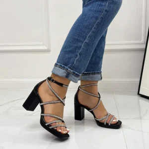 Cassandra - Sandalo Donna Scarpa Tacco Punta Quadrata Incroci Nere