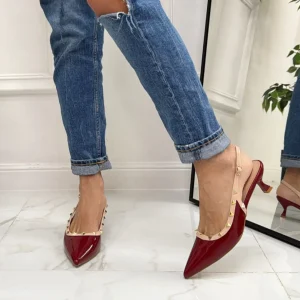 Halyna - Décolleté Donna Cinturino Tacco Spillo Basso Borchie Elegante Vernice Bordeaux