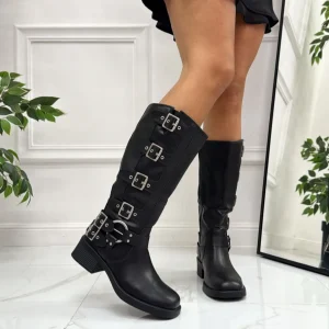 Asha - Stivale Donna Alto Punta Tonda Donna Fibbie Nero