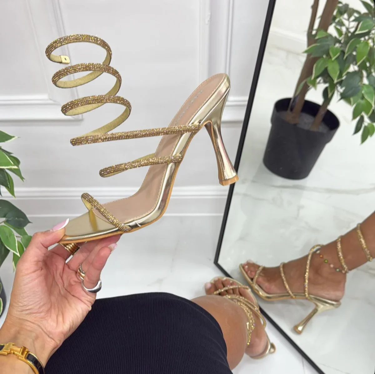 Benny - Sandalo Donna Scarpa Tacco Spillo Punta Strass Oro - immagine 3