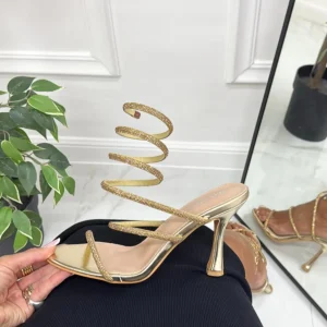 Benny - Sandalo Donna Scarpa Tacco Spillo Punta Strass Oro