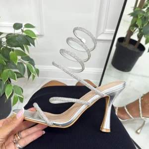 Benny - Sandalo Donna Scarpa Tacco Spillo Punta Strass Argento