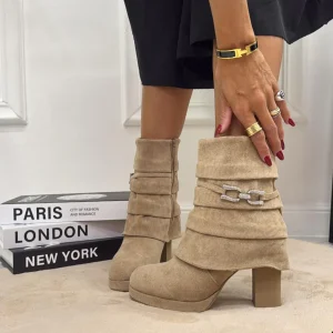 Towe - Stivaletto Donna Tronchetto Tacco Quadrato Punta Casual Elegante Khaki
