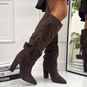 Patricia - Stivale Alto Tacco Donna Frange Marrone