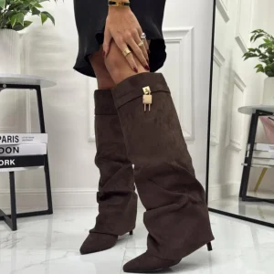 Lucilla - Stivale Alto Donna Scarpa Punta Tacco Spillo Marrone