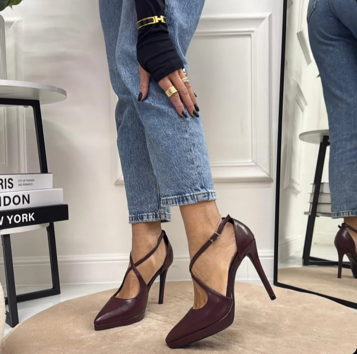 Ily - Decolleté Donna Scarpe Tacco Punta Plateau Casual Elegante Eco Pelle Bordeaux - immagine 2