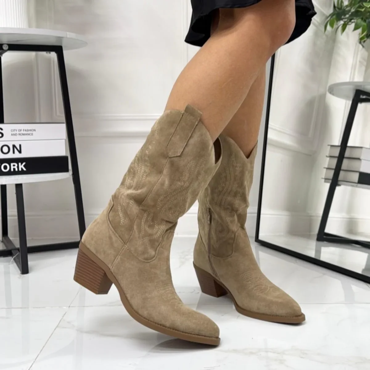 Hermine - Stivale Alto Tacco Donna Texano Khaki - immagine 5