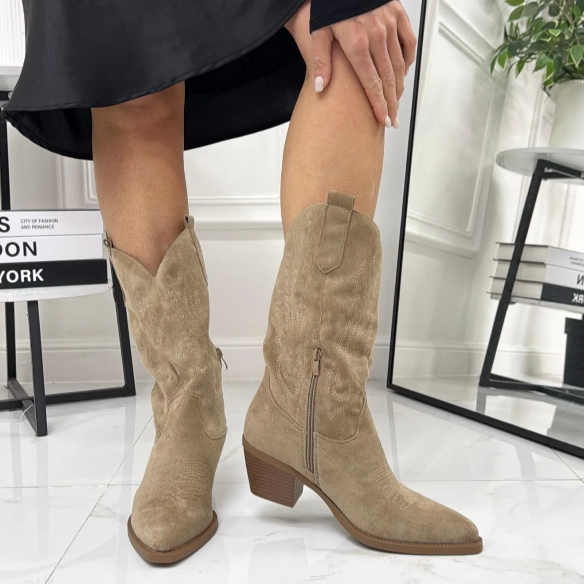 Hermine - Stivale Alto Tacco Donna Texano Khaki - immagine 4