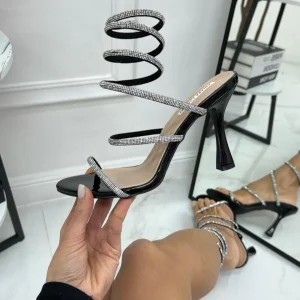 Benny - Sandalo Donna Scarpa Tacco Spillo Punta Strass Nero